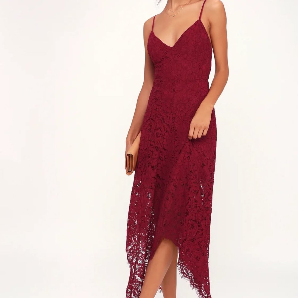 Lulu's One Wish Burgundy Lace Midi Dress